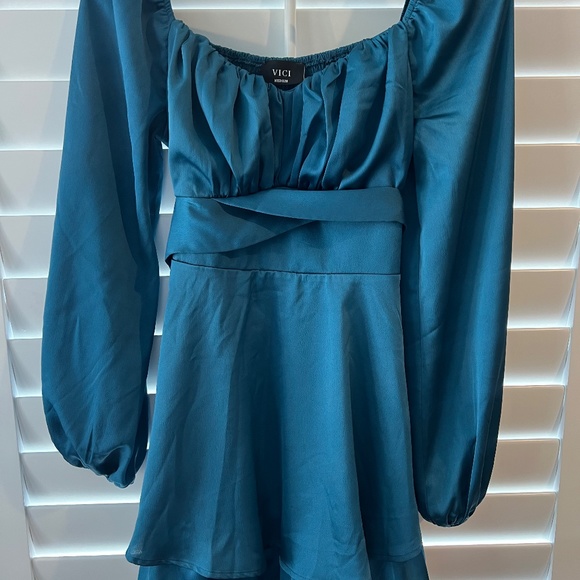 VICI SATIN COCKTAIL DRESS TEAL - Picture 2 of 8